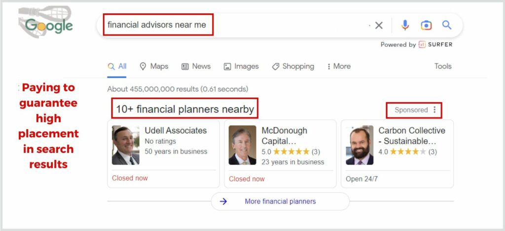 search engine marketing example for financial advisors