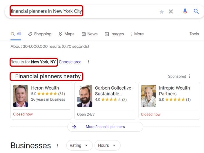 Google search results screenshot for financial planners in new your city