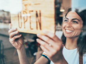 small business owner openning for business