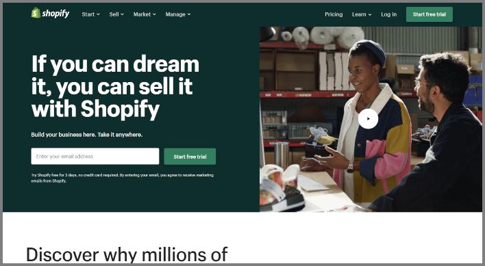 Shopify Screenshot example of value proposition