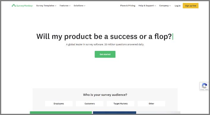 Survey Monkey Screenshot example of value proposition