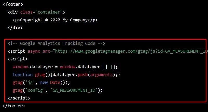 Google Analytics code in footer example
